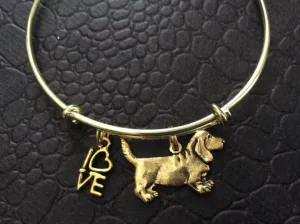 Beagle Dog Charm on a Gold Expandable Bracelet Adjustable Wire Bangle Handmade in America Dog Lover Gift Trendy