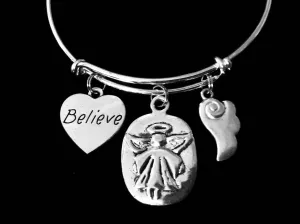 Believe Always With You Guardian Angel Jewelry Silver Expandable Charm Bracelet Adjustable Wire Bangle Angel Wings One Size Fits All Gift