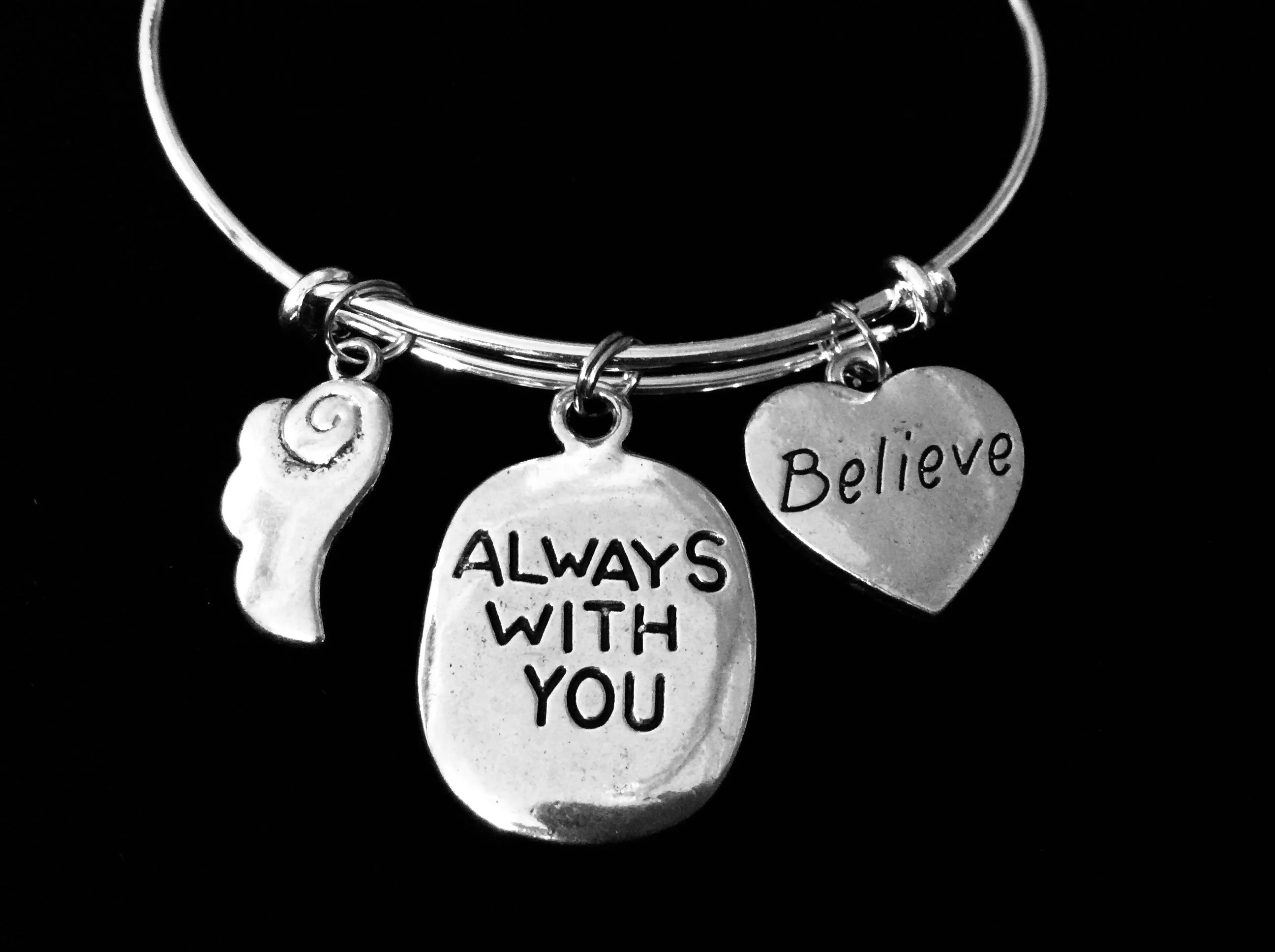 Believe Always With You Guardian Angel Jewelry Silver Expandable Charm Bracelet Adjustable Wire Bangle Angel Wings One Size Fits All Gift
