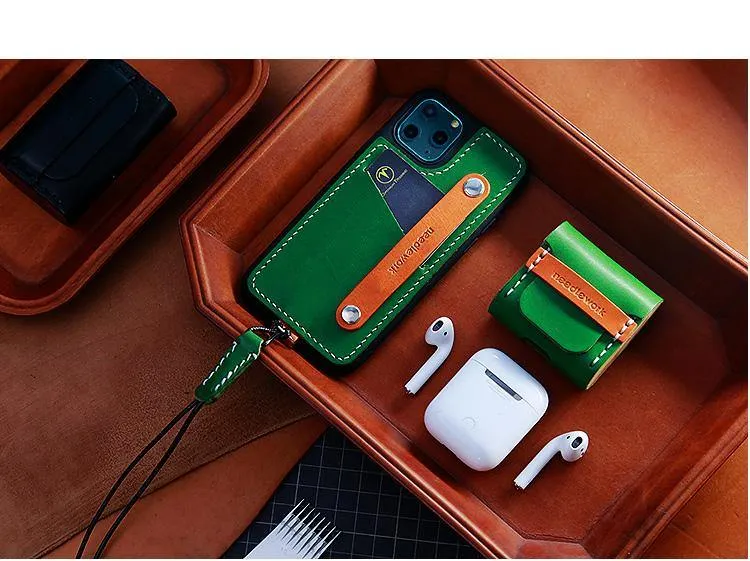 Best Green Leather AirPods Pro Case with Wristlet Strap Custom Leather Wood AirPods Pro Case Airpod Case Cover