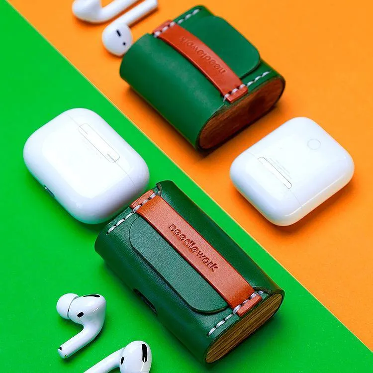 Best Green Leather AirPods Pro Case with Wristlet Strap Custom Leather Wood AirPods Pro Case Airpod Case Cover