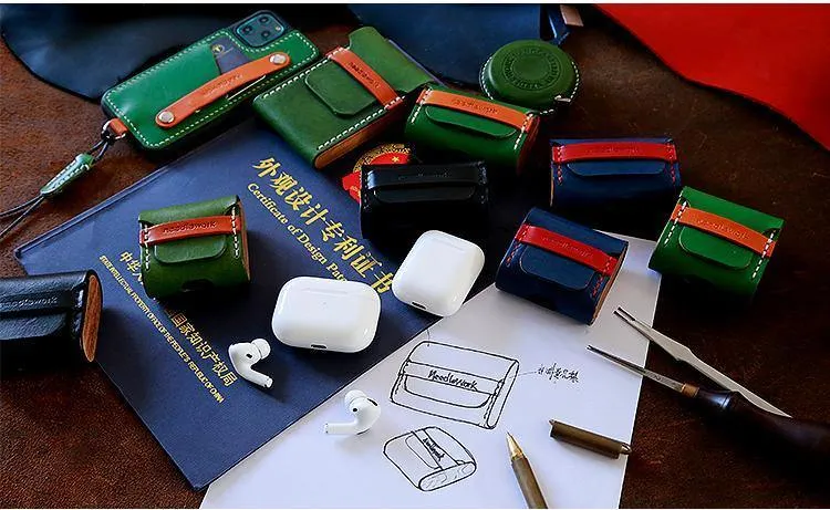 Best Green Leather AirPods Pro Case with Wristlet Strap Custom Leather Wood AirPods Pro Case Airpod Case Cover