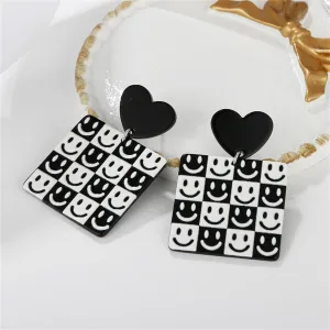 Black & White Heart Smiley Square Drop Earrings