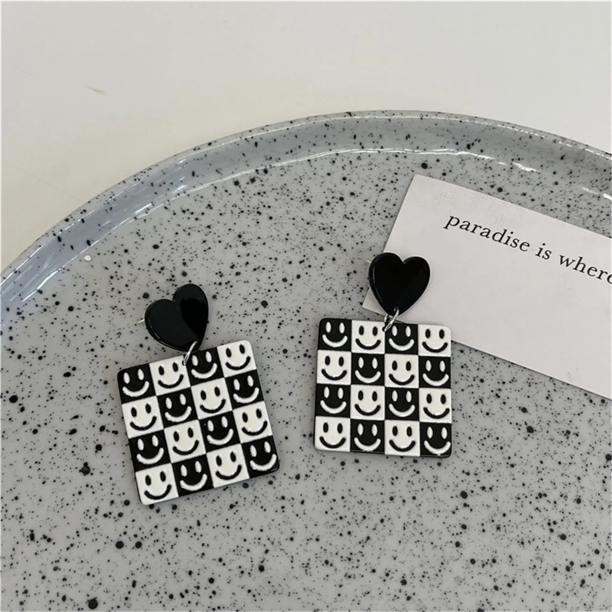 Black & White Heart Smiley Square Drop Earrings