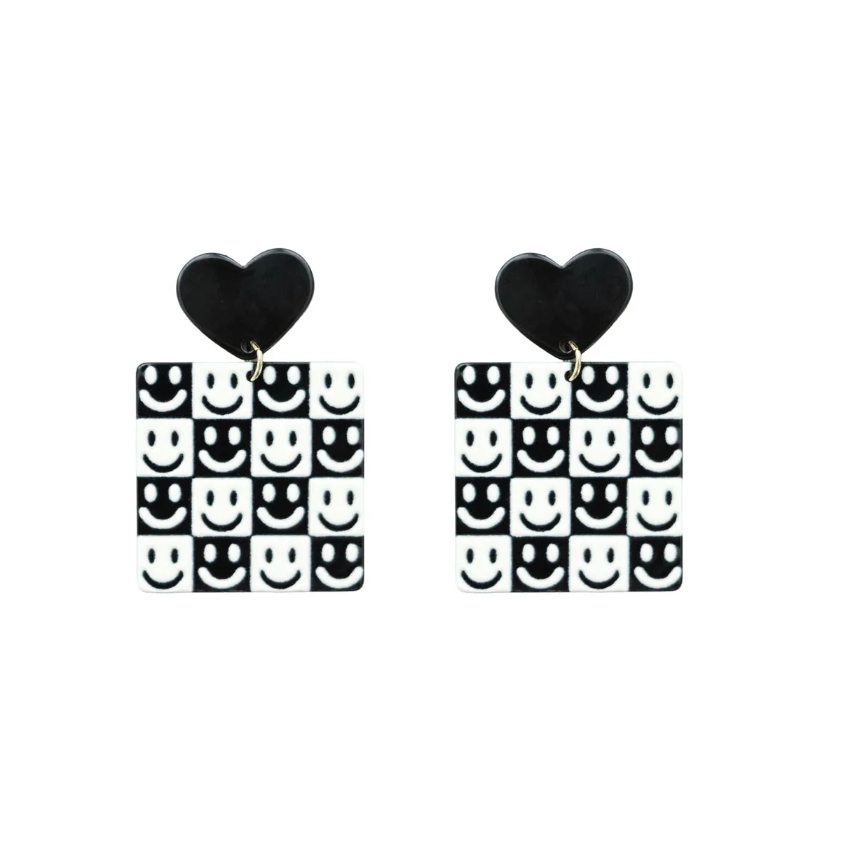 Black & White Heart Smiley Square Drop Earrings