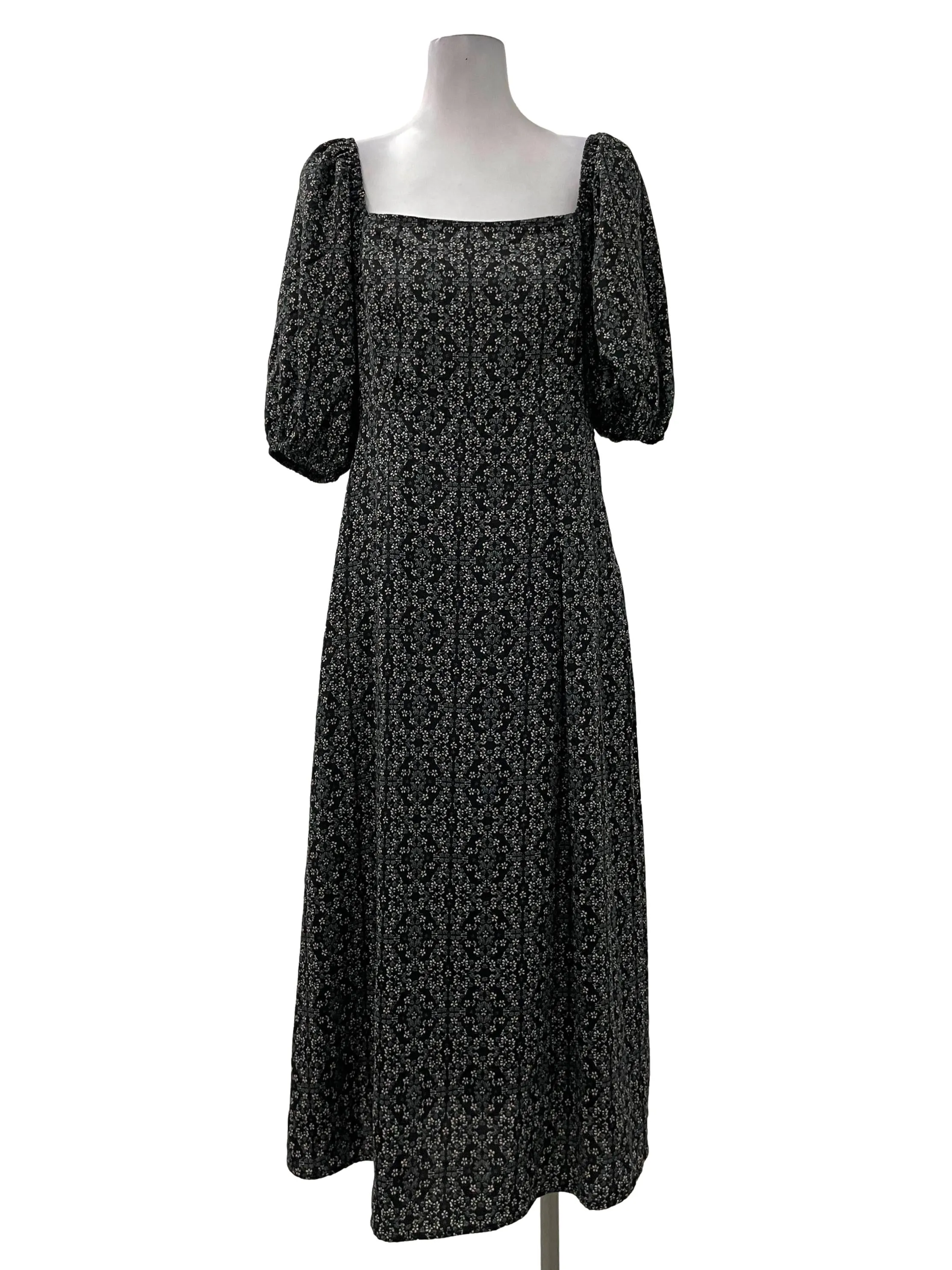 Black Patterned Puff Sleeve Dress