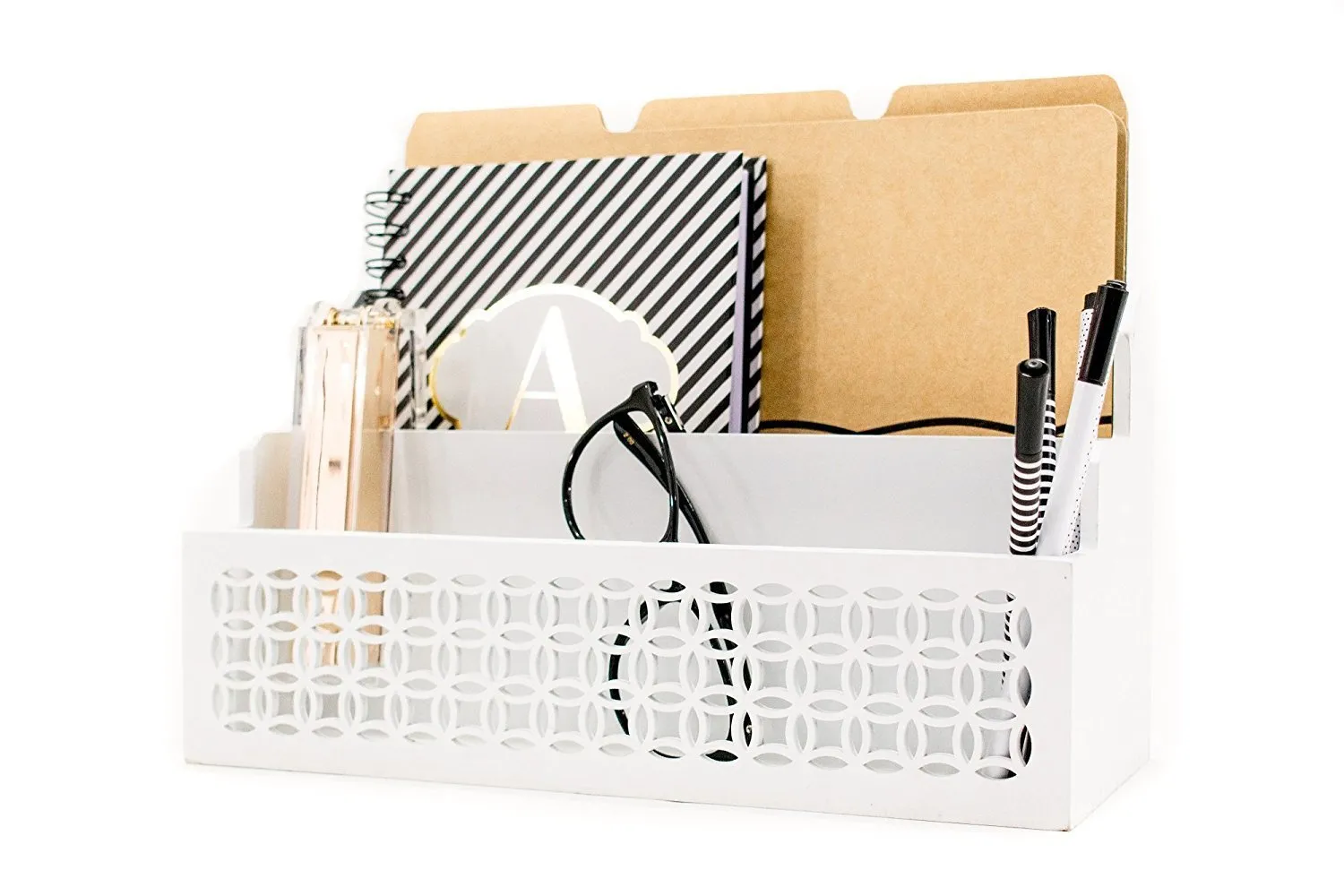 Blu Monaco Wooden Mail Organizer - 2 Tier White Desk Organizer - with Cutout Trellis Design - Rustic Country Letter Sorter - Kitchen Counter Organizer File Folder Holder