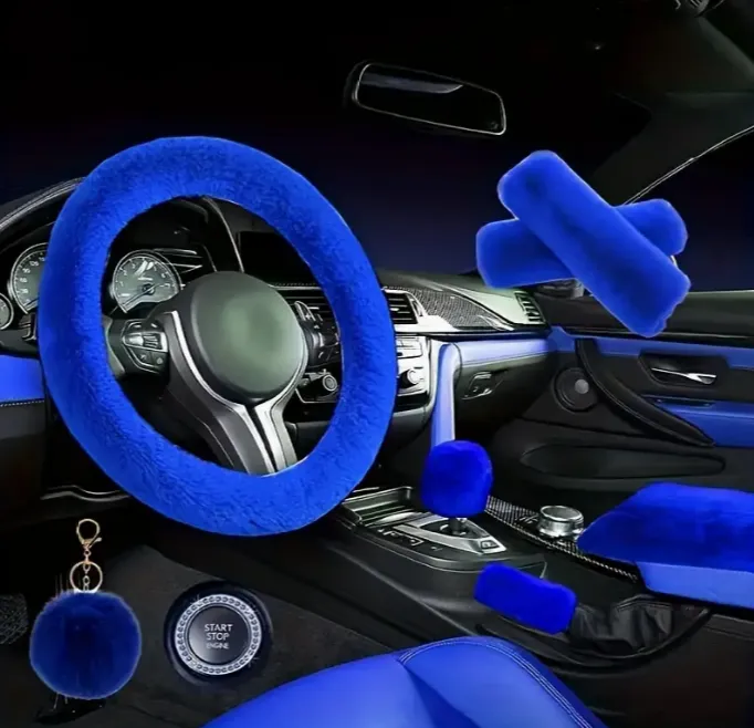 BLUE - 8 Piece Extra Plush Car Accessories Set with ** BONUS Blue Fluffy Heart Keychain **