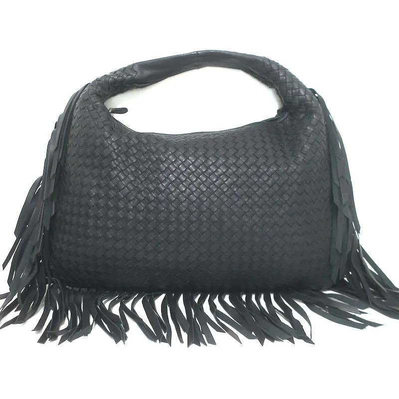 Bottega Veneta Large Veneta Fringed Hobo Black Intrecciato Leather Shoulder Bag
