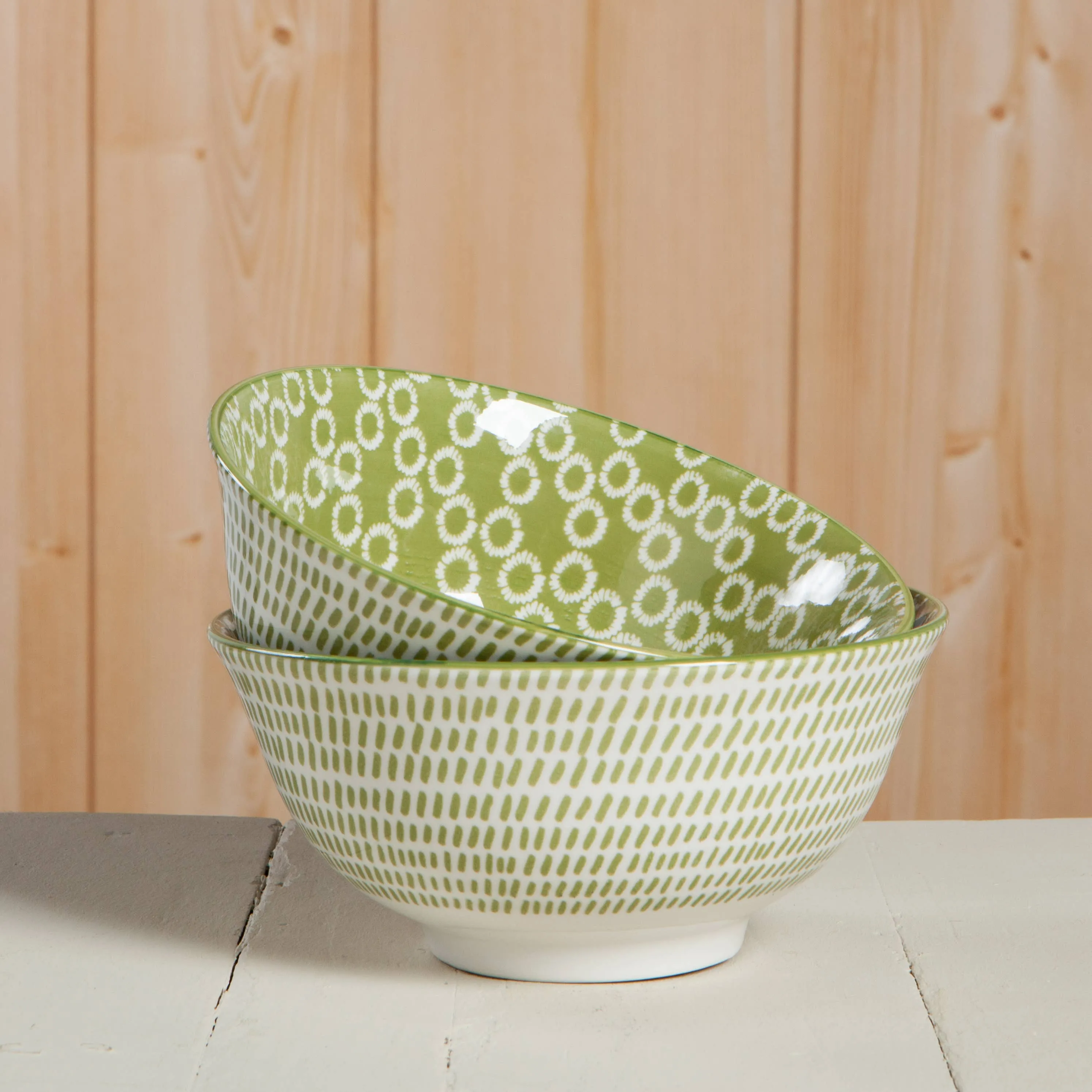 Bowl, Green Rings Stamped 6"