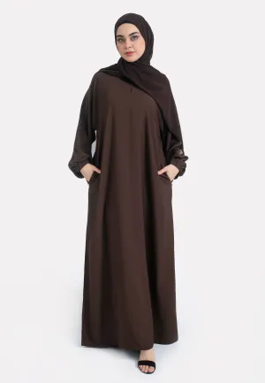 Brown Closed Abaya with Zip Pockets & Cuff Sleeves