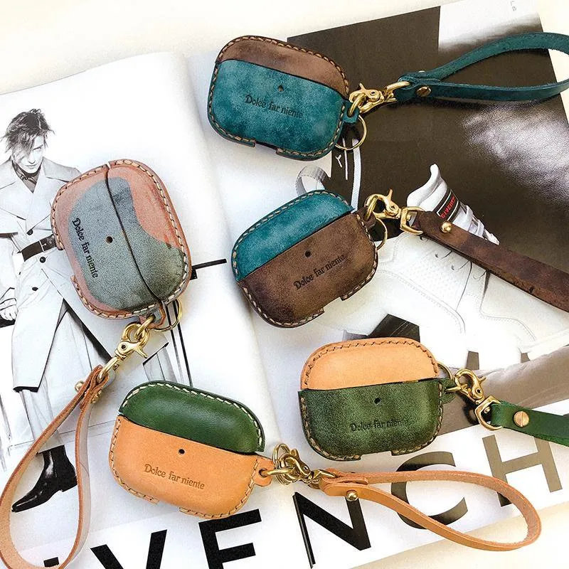 Camouflage Leather AirPods Pro Case with Wristlet Strap Contrast Color Leather AirPods Case Airpod Case Cover