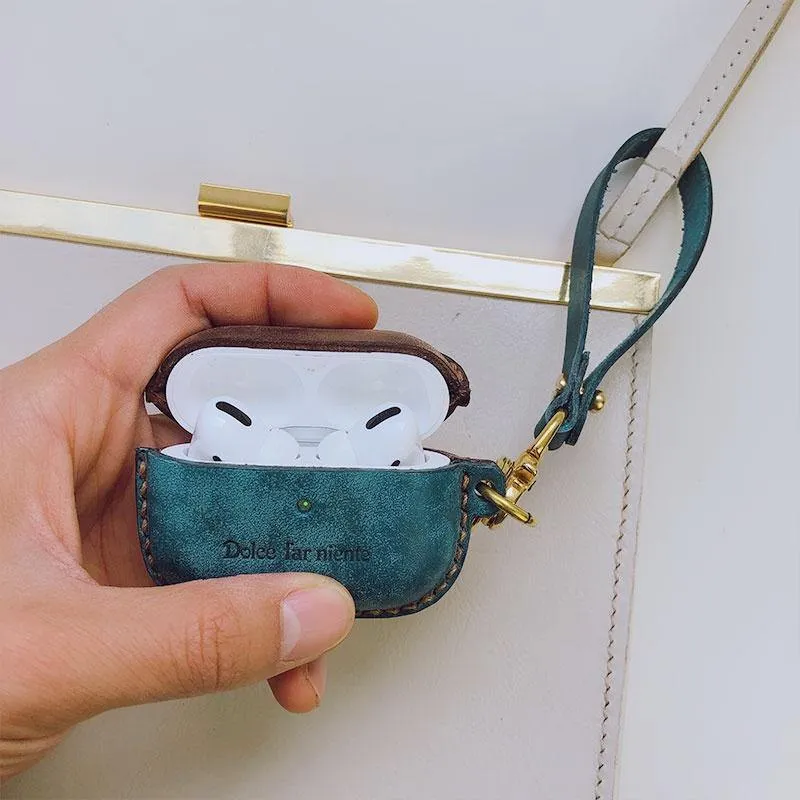 Camouflage Leather AirPods Pro Case with Wristlet Strap Contrast Color Leather AirPods Case Airpod Case Cover