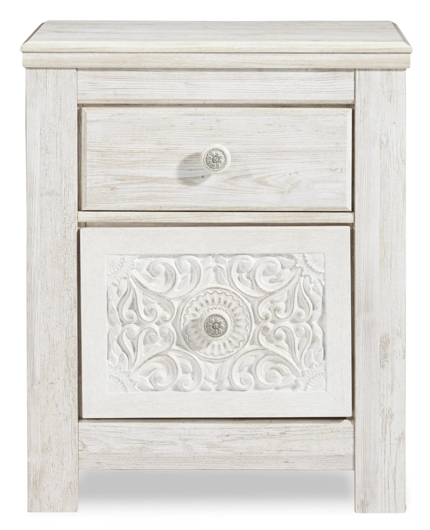 Carved Medallion Patterned Nightstand in Whitewash