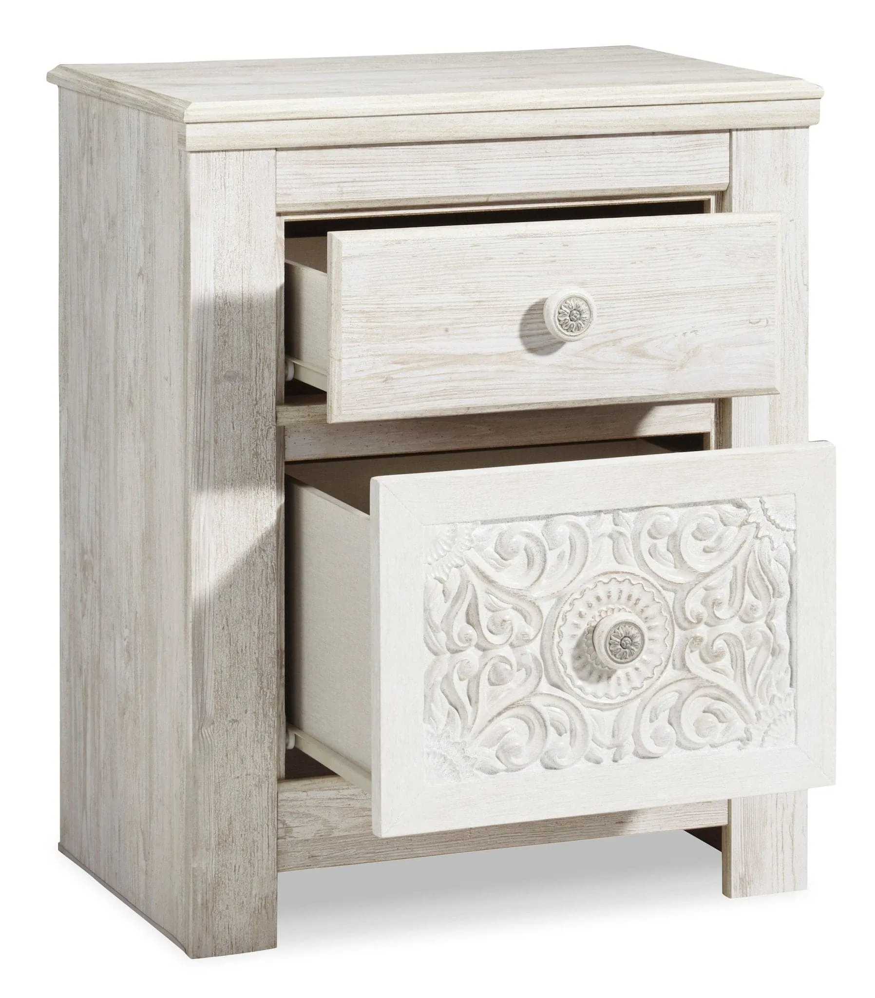Carved Medallion Patterned Nightstand in Whitewash