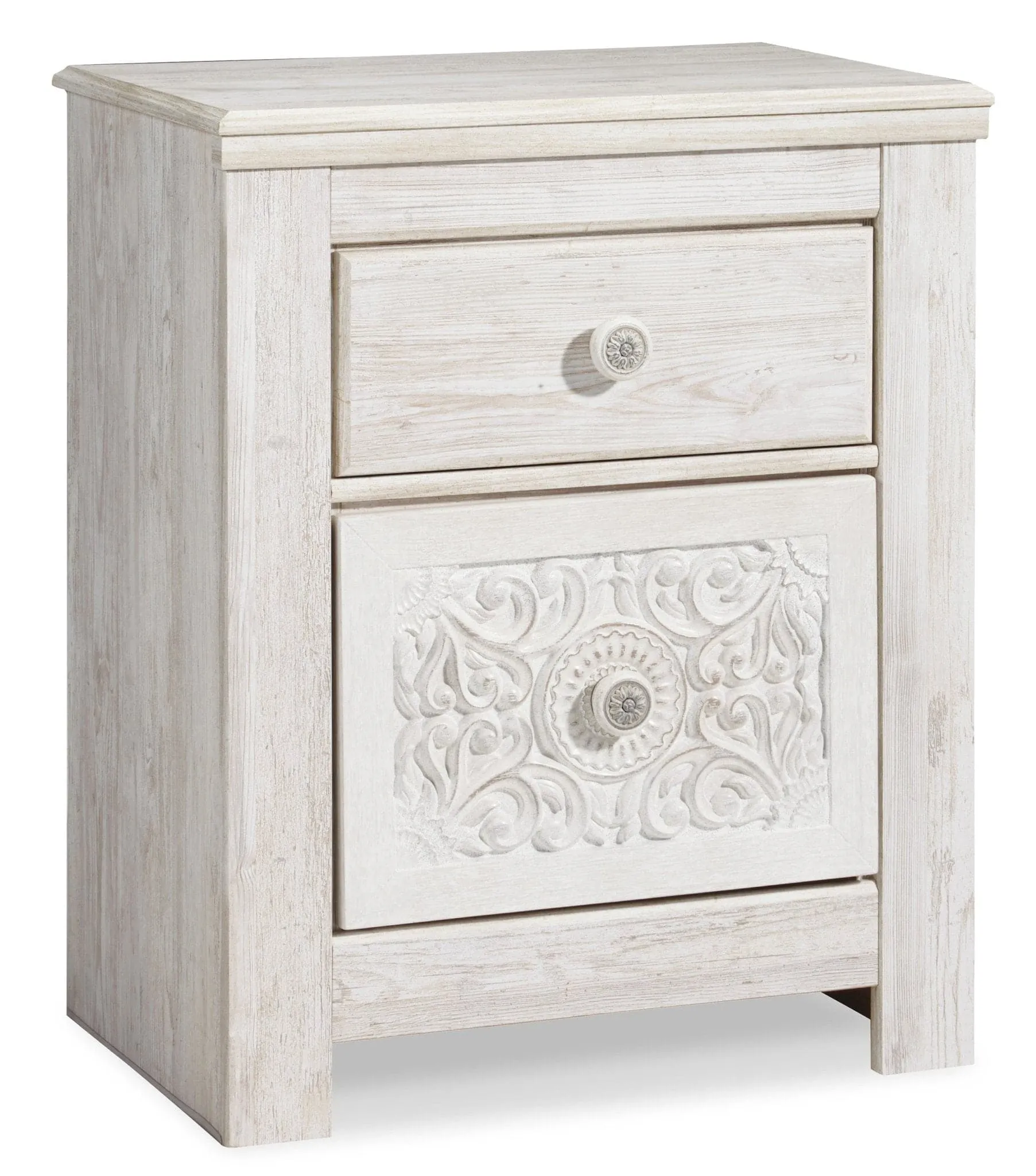 Carved Medallion Patterned Nightstand in Whitewash