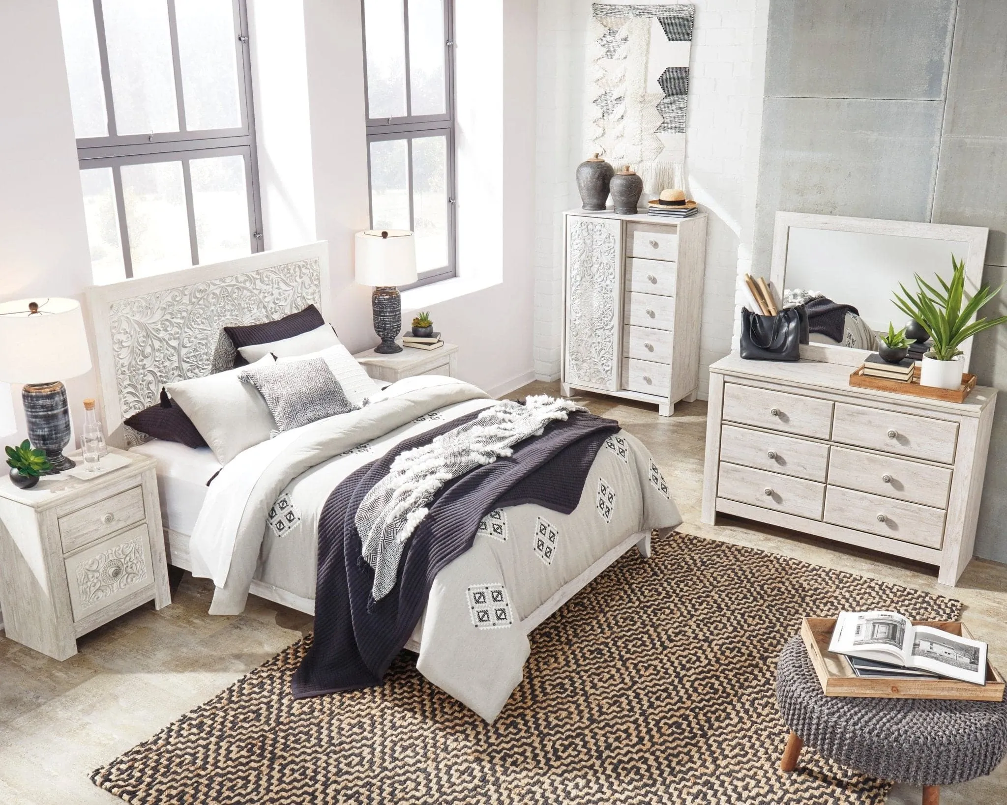 Carved Medallion Patterned Nightstand in Whitewash