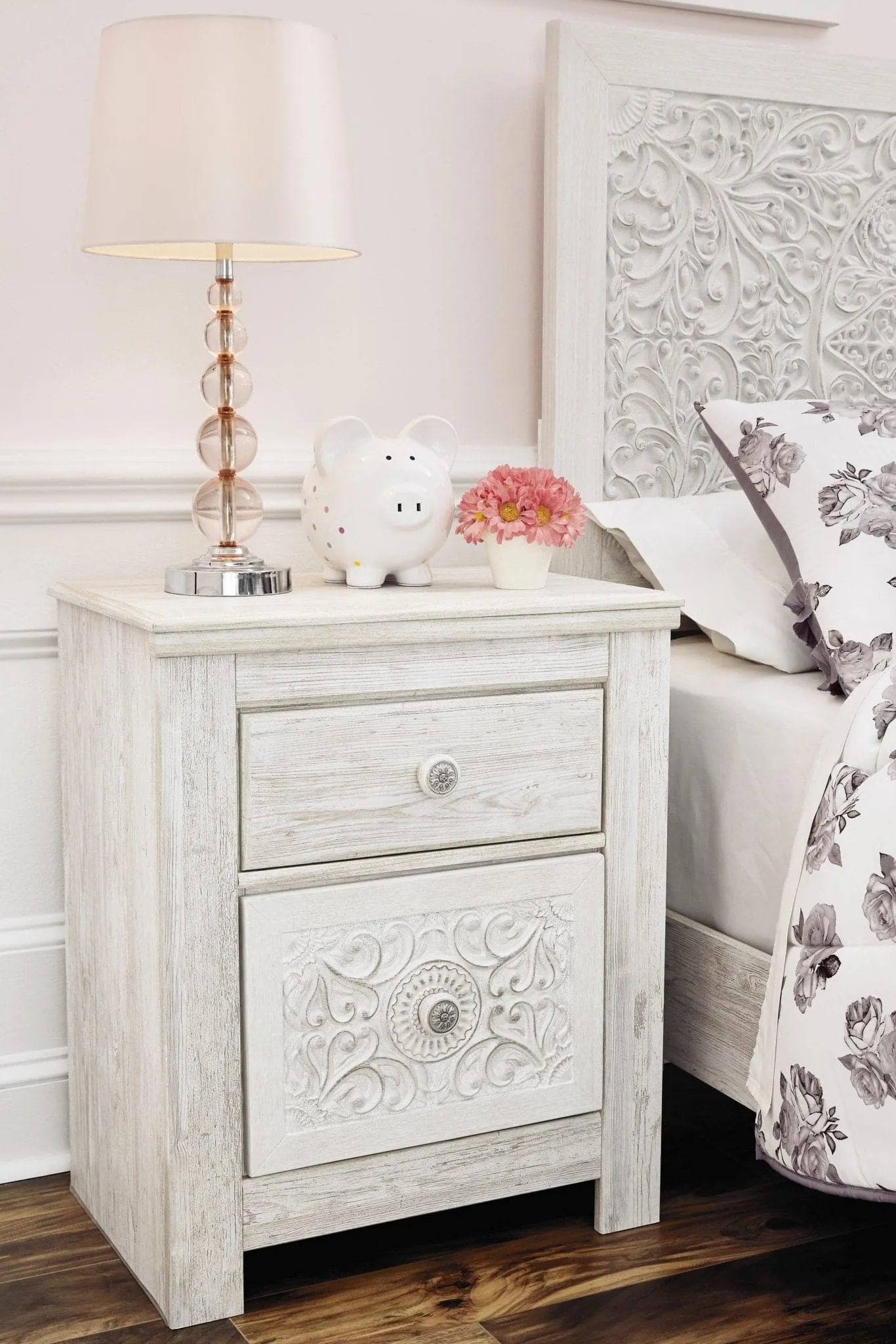 Carved Medallion Patterned Nightstand in Whitewash