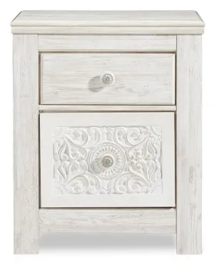 Carved Medallion Patterned Nightstand in Whitewash