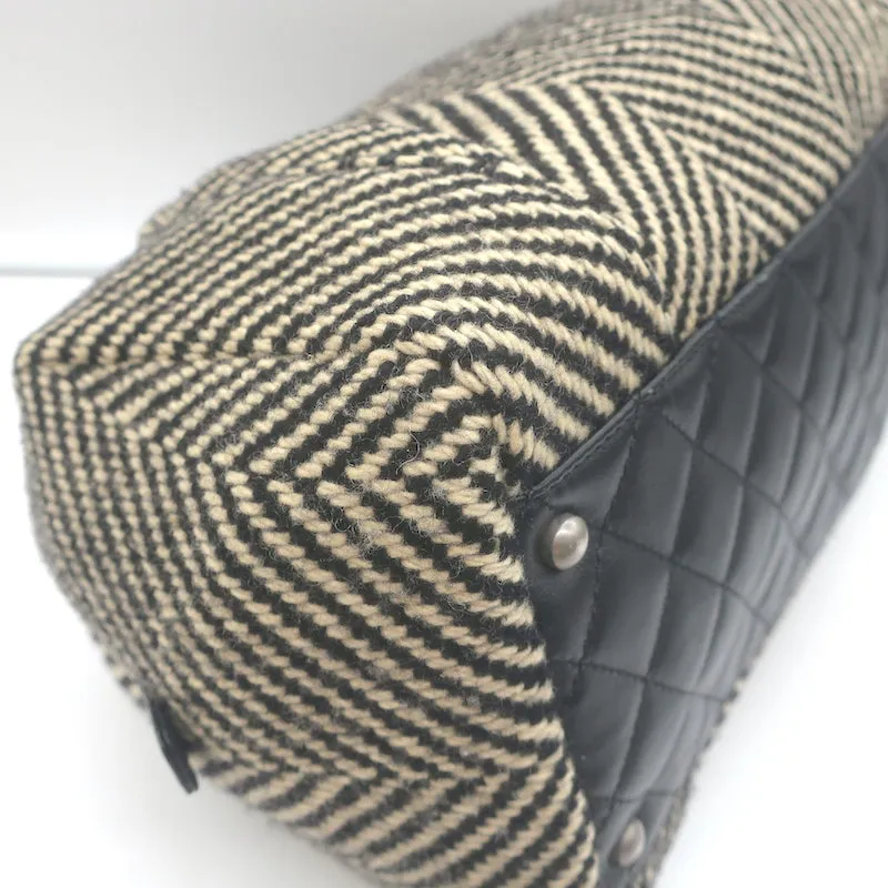 Chanel 2005 All Day Long Tweed Boston Bag Black & Beige Chevron