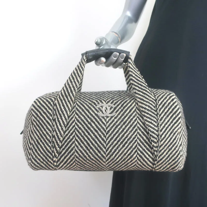 Chanel 2005 All Day Long Tweed Boston Bag Black & Beige Chevron