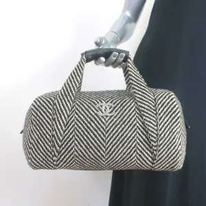 Chanel 2005 All Day Long Tweed Boston Bag Black & Beige Chevron