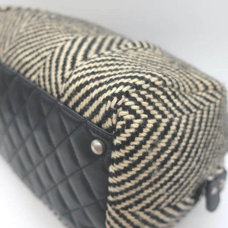 Chanel 2005 All Day Long Tweed Boston Bag Black & Beige Chevron