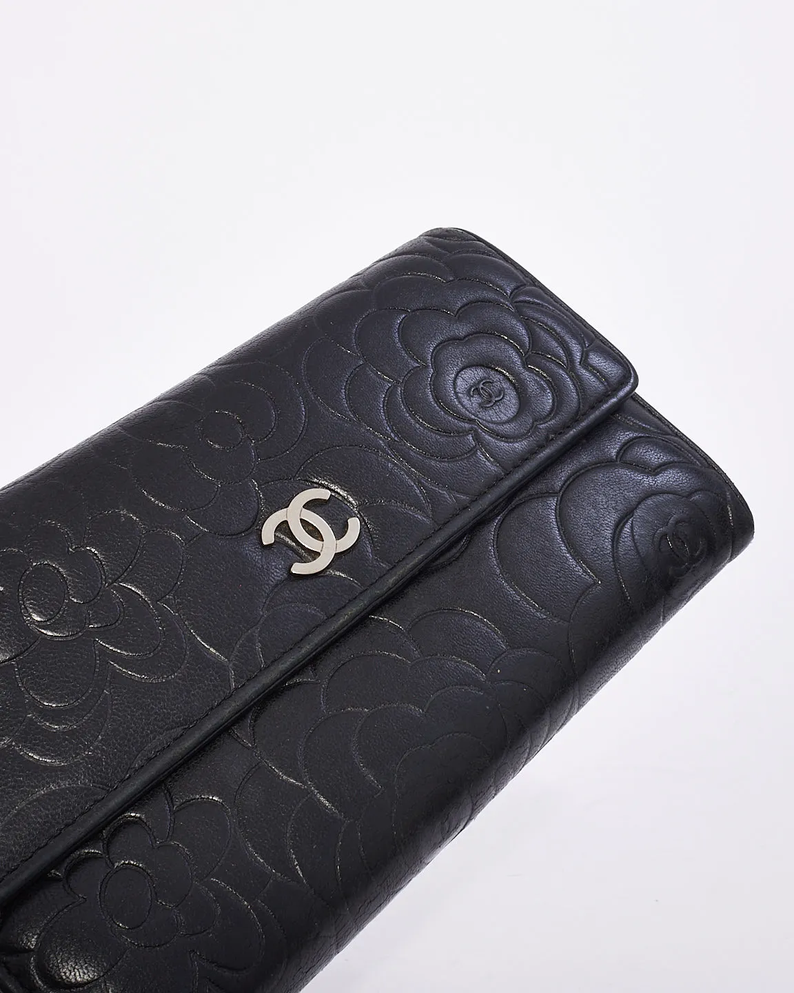 Chanel Black Lambskin Leather Camellia Flower Long Wallet