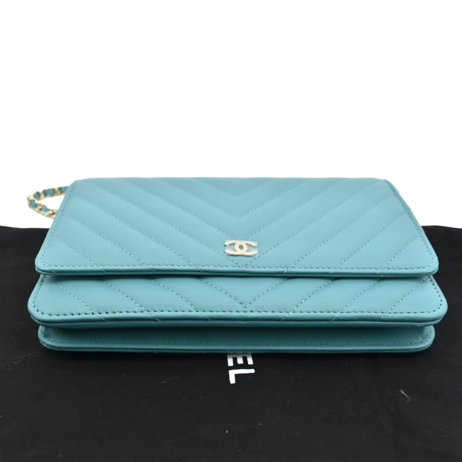 CHANEL CC WOC Chevron Leather Wallet On Chain Crossbody Bag Turquoise