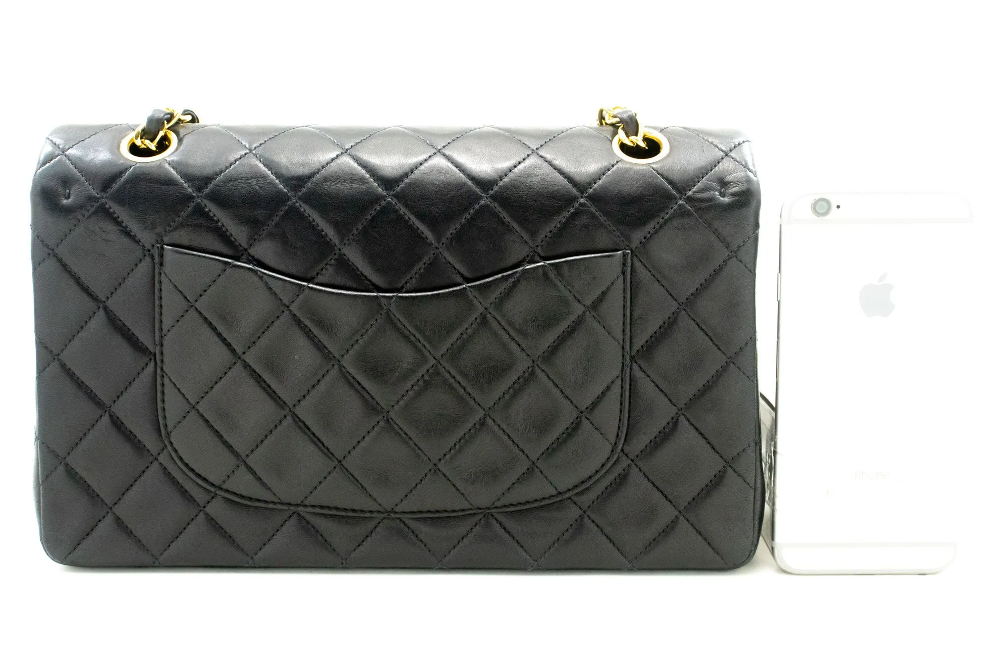 CHANEL Classic Double Flap 10" Chain Shoulder Bag Black Lambskin p26