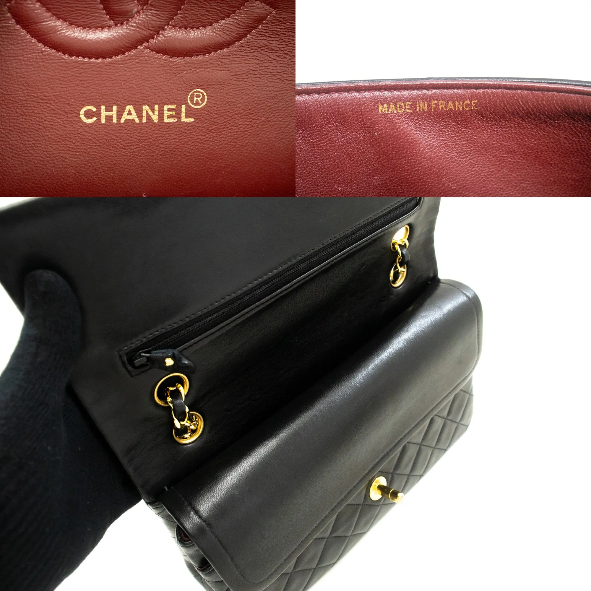 CHANEL Classic Double Flap 10" Chain Shoulder Bag Black Lambskin p26