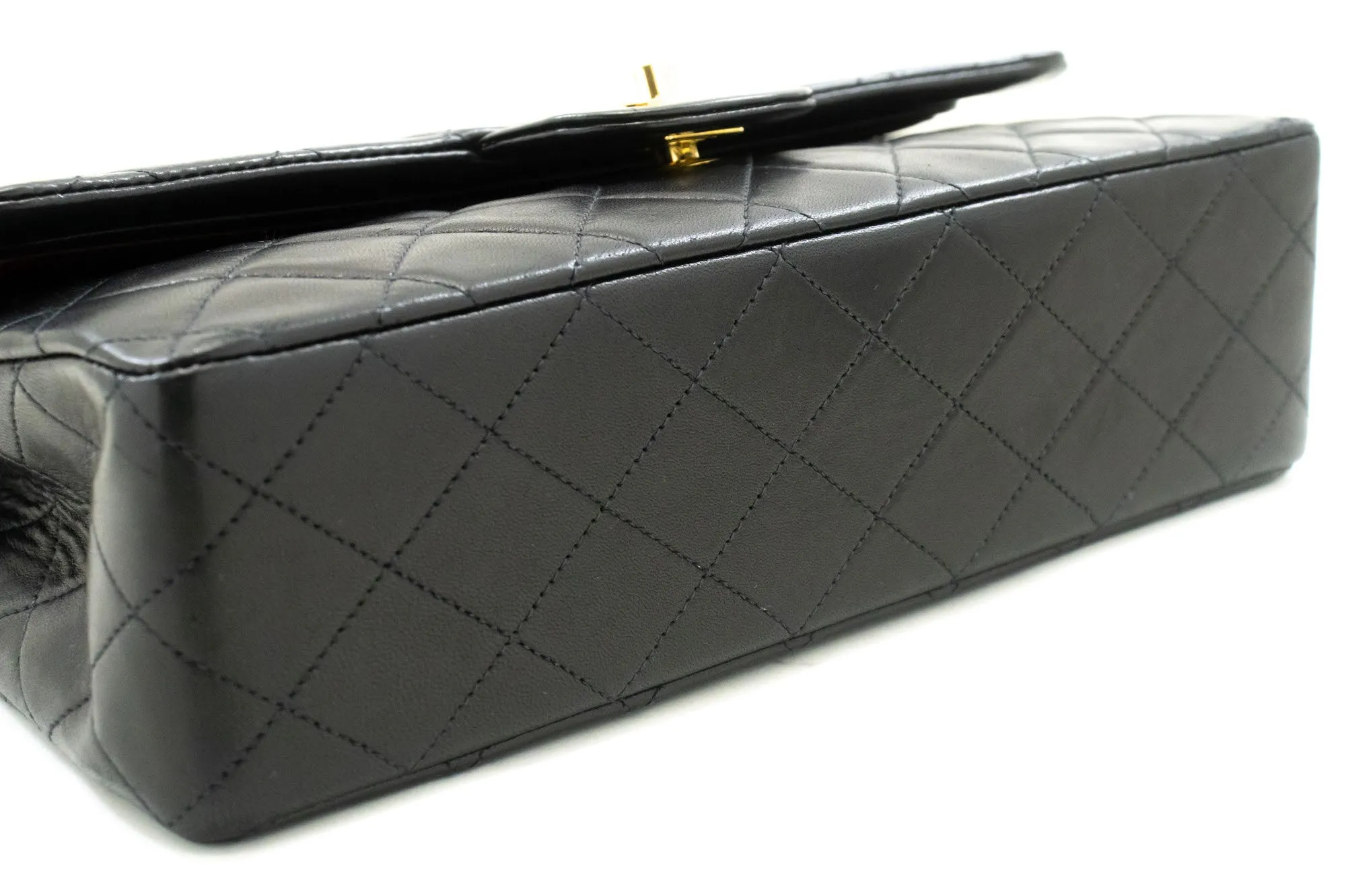 CHANEL Classic Double Flap 10" Chain Shoulder Bag Black Lambskin p26