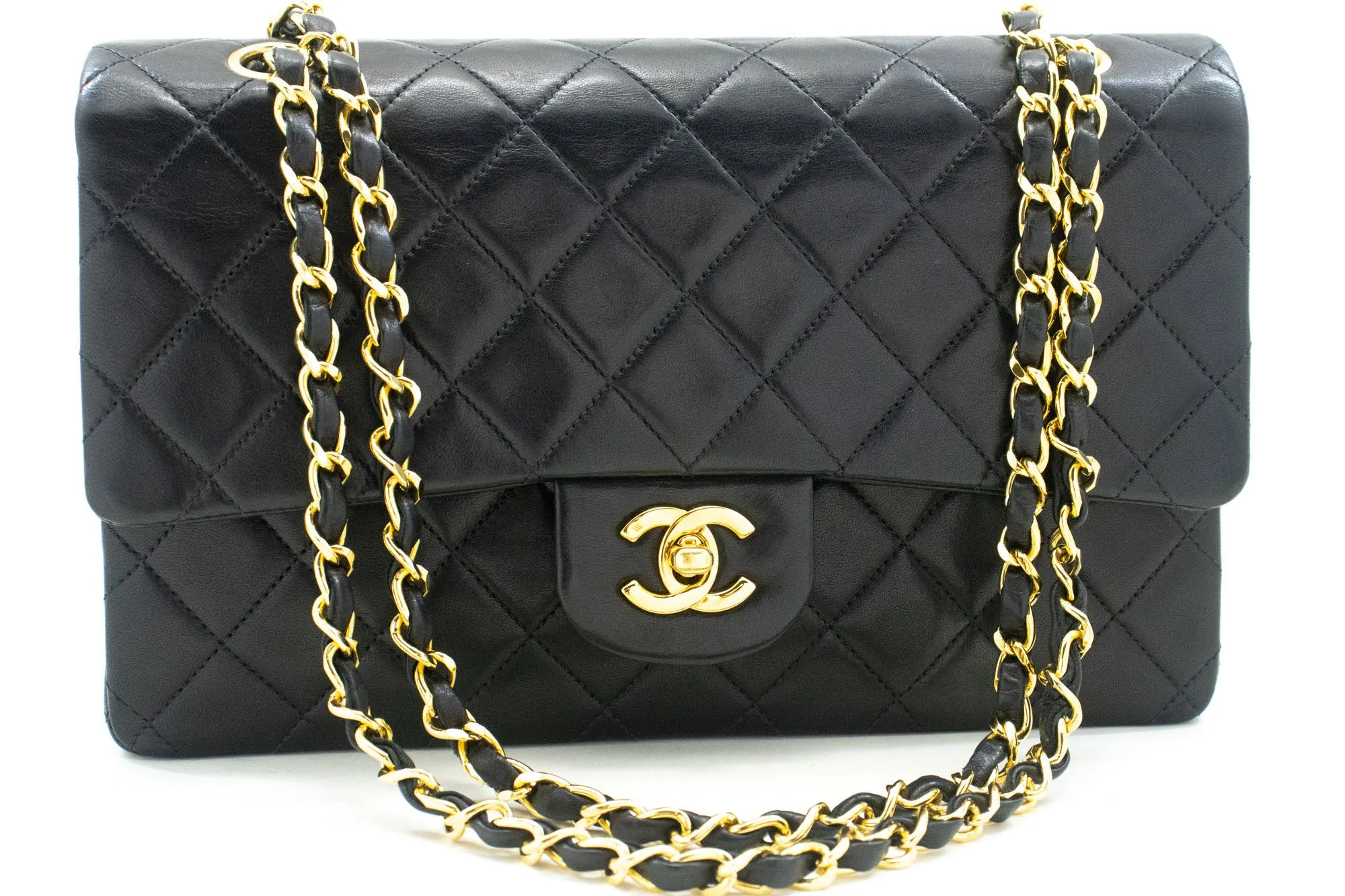 CHANEL Classic Double Flap 10" Chain Shoulder Bag Black Lambskin p26