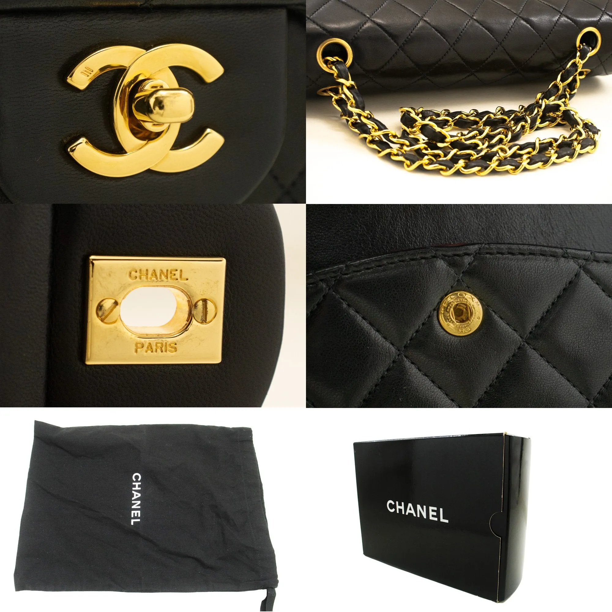 CHANEL Classic Double Flap 10" Chain Shoulder Bag Black Lambskin p26