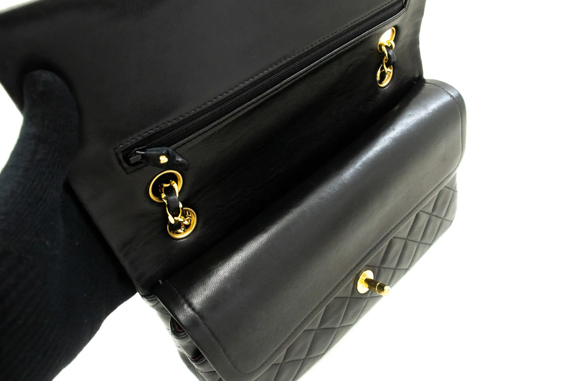 CHANEL Classic Double Flap 10" Chain Shoulder Bag Black Lambskin p26