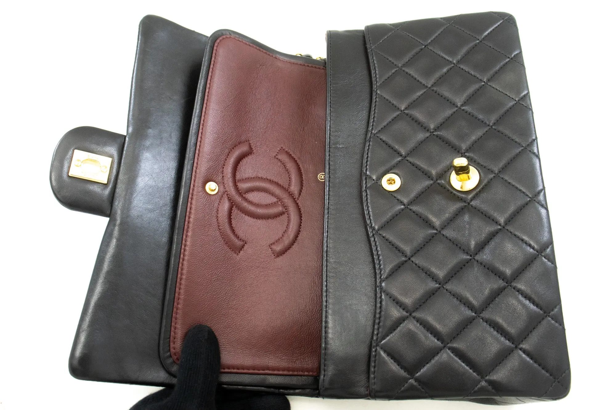 CHANEL Classic Double Flap 10" Chain Shoulder Bag Black Lambskin p26