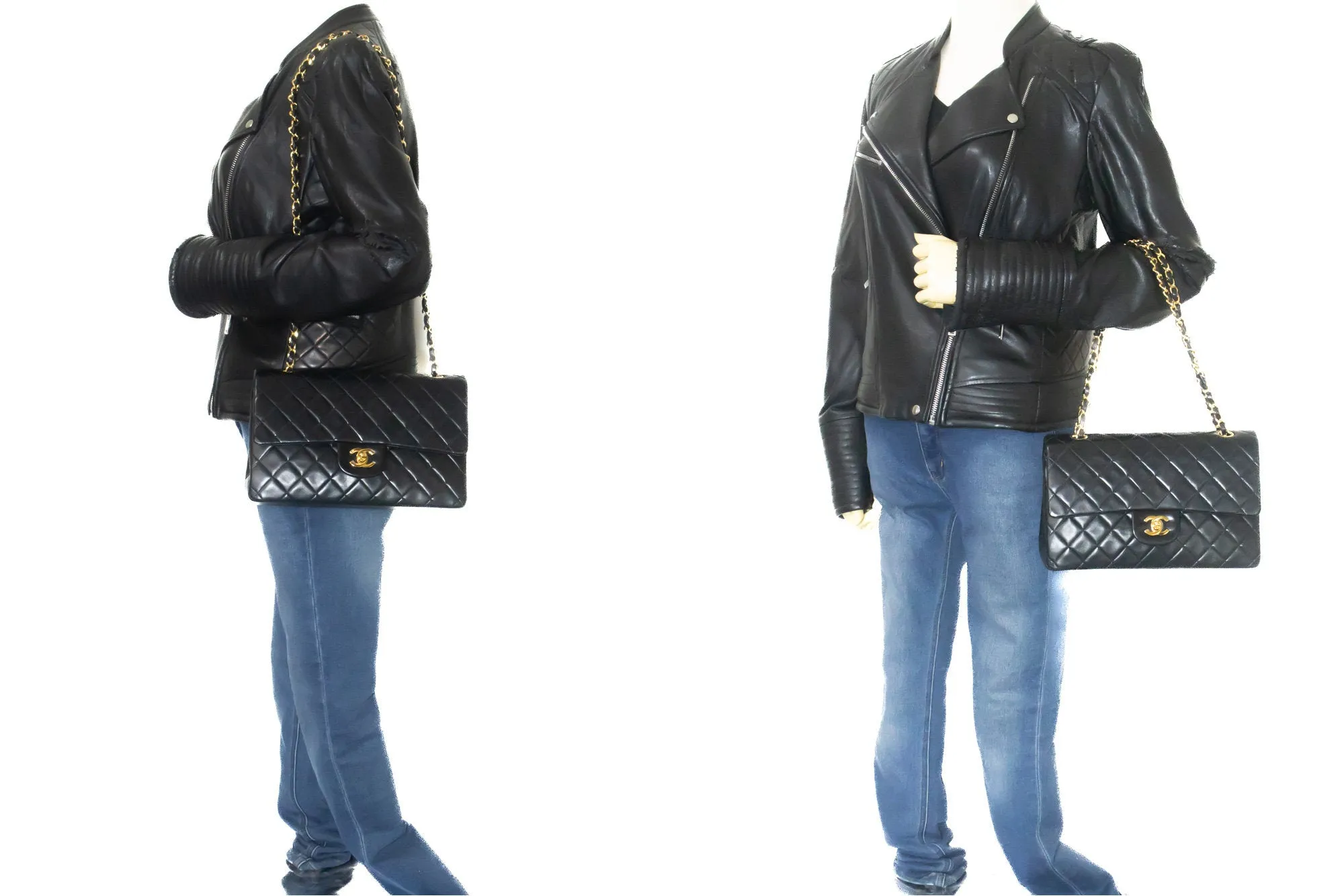 CHANEL Classic Double Flap 10" Chain Shoulder Bag Black Lambskin p26