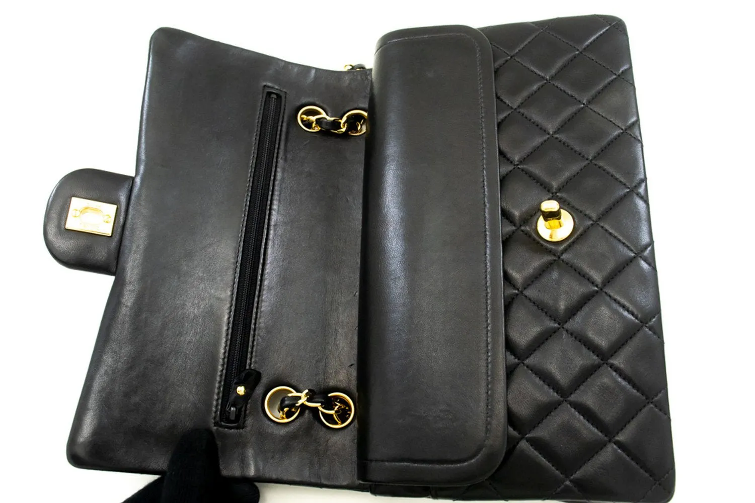 CHANEL Classic Double Flap 10" Chain Shoulder Bag Black Lambskin p26