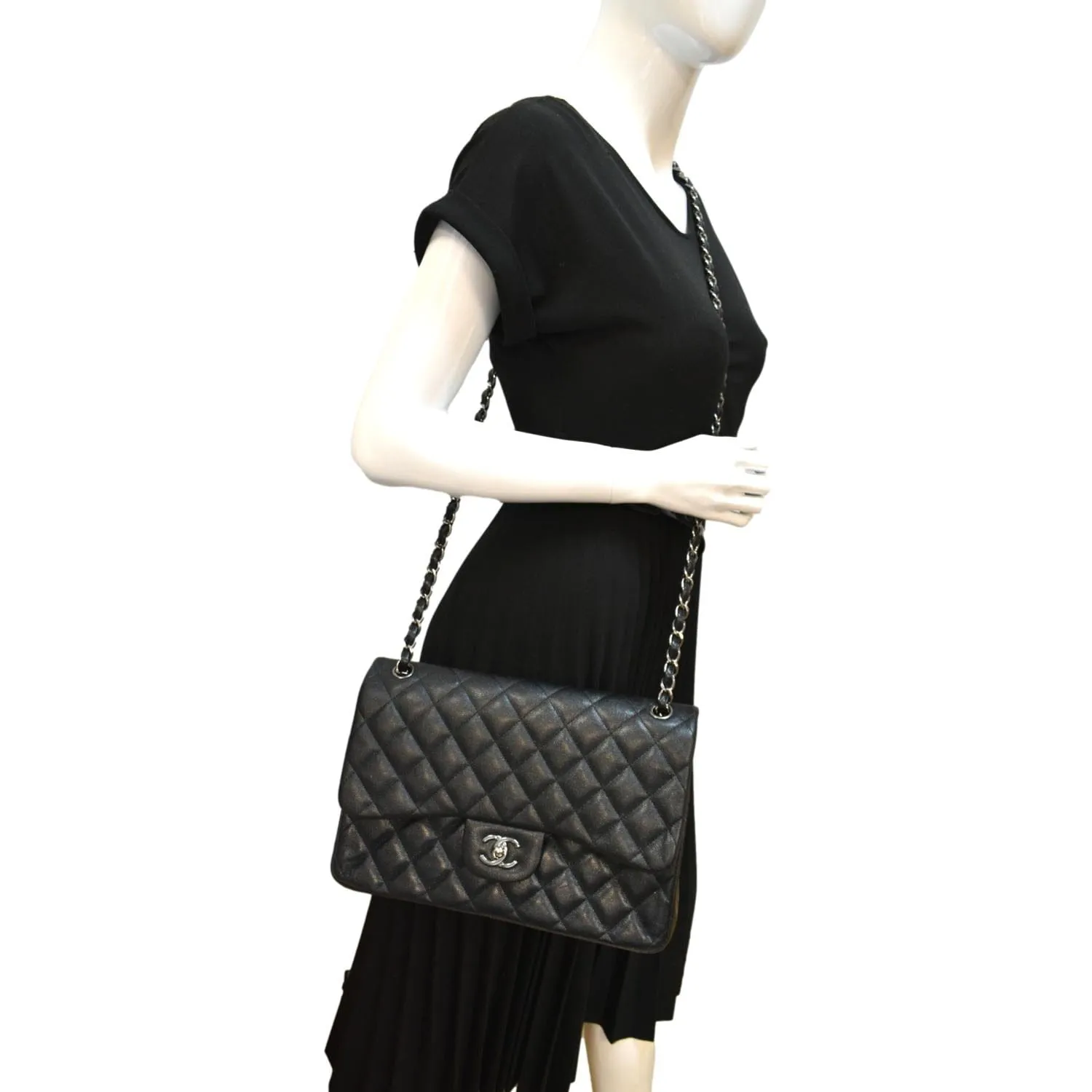 CHANEL Classic Double Flap Caviar Leather Shoulder Bag Black