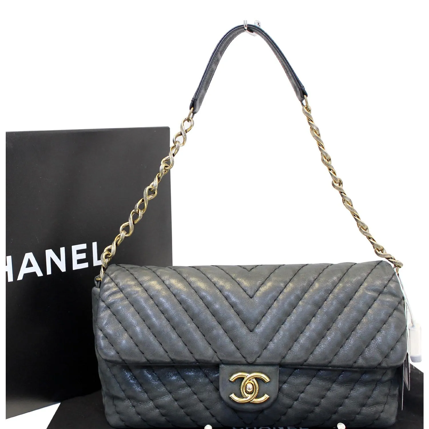 CHANEL Iridescent Calfskin Surpique Chevron Large Classic Flap Bag - Sale