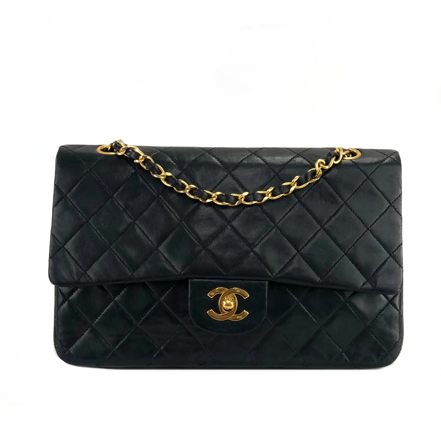 CHANEL Matelasse Coco Turn lock Lambskin Double flap Chain Shoulder bag Black Old Vintage 72dn4p