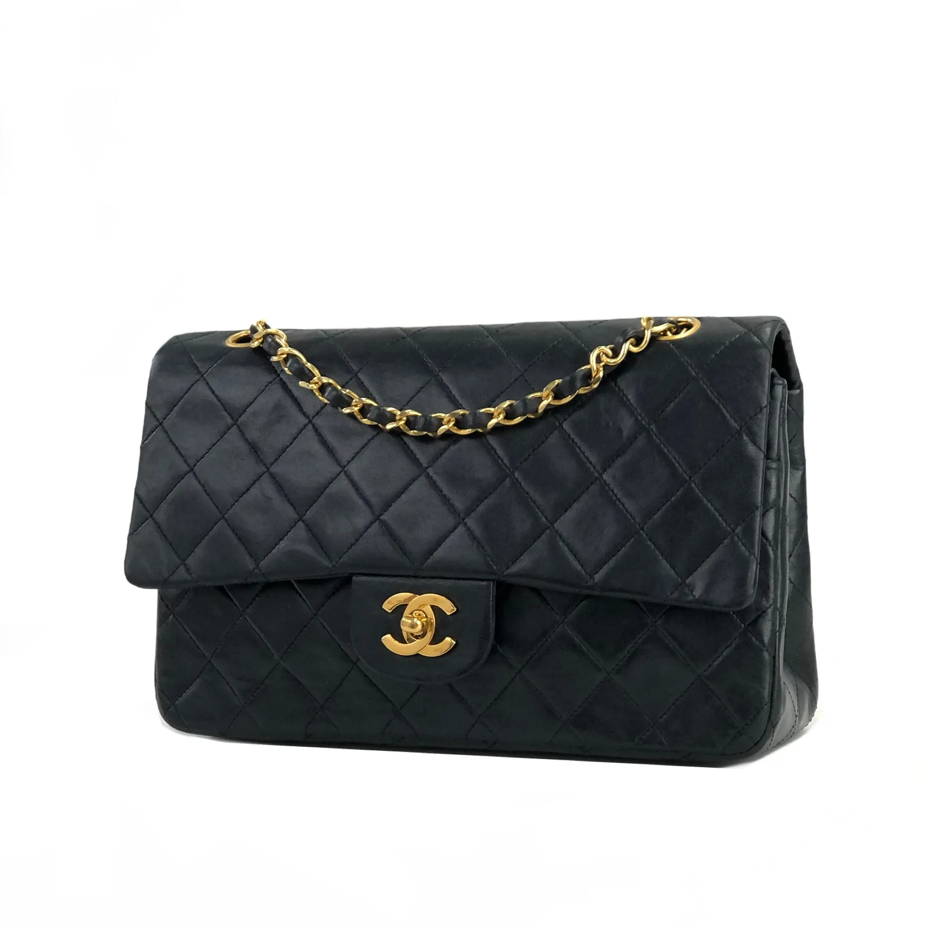 CHANEL Matelasse Coco Turn lock Lambskin Double flap Chain Shoulder bag Black Old Vintage 72dn4p