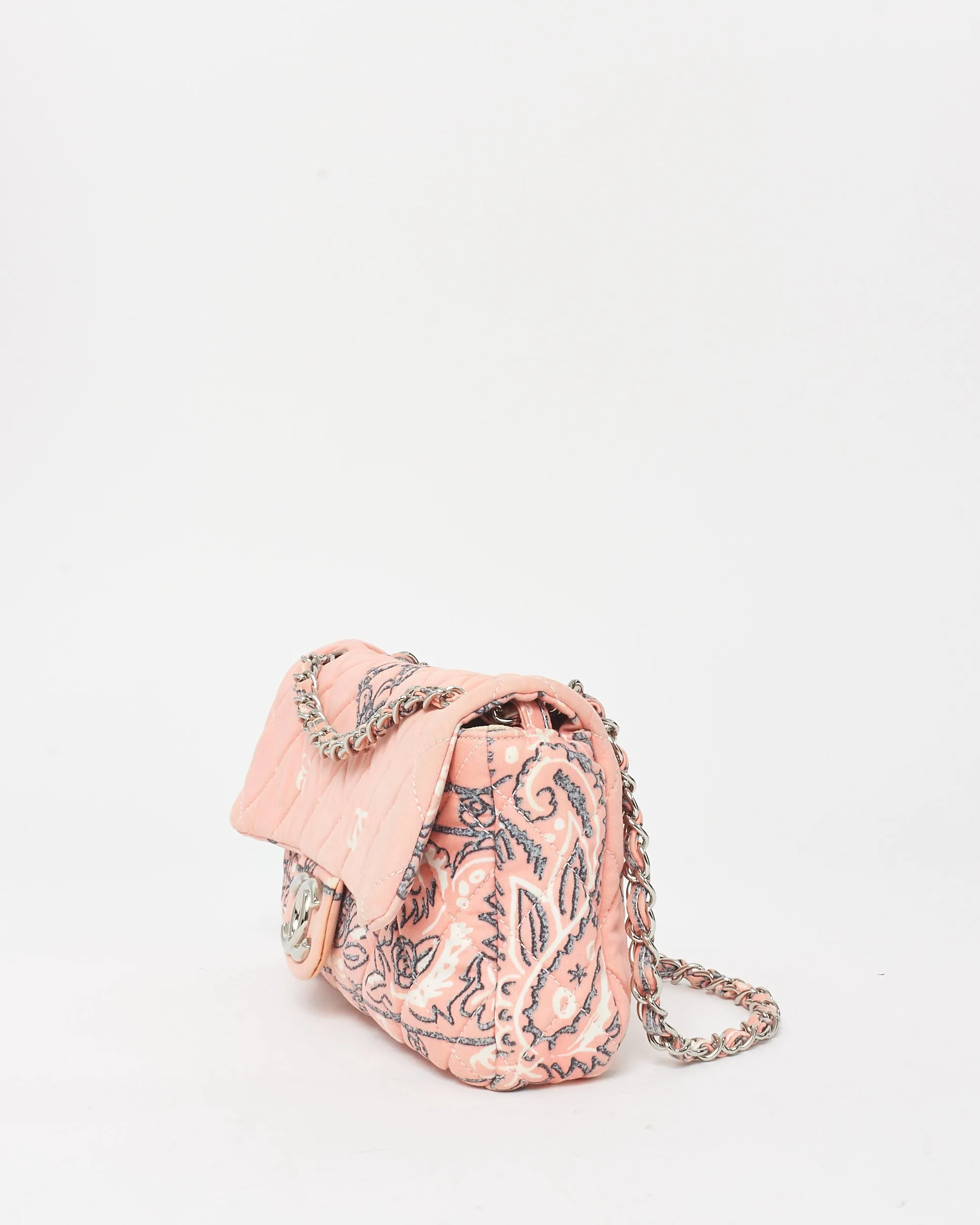 Chanel Pink Peach Fabric Bandana Flower Paisley Print Classic Flap Shoulder Bag
