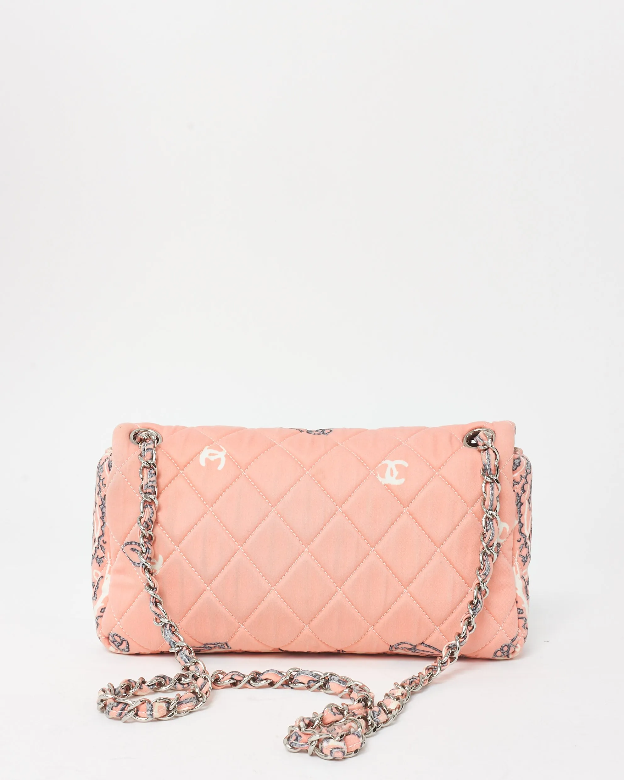 Chanel Pink Peach Fabric Bandana Flower Paisley Print Classic Flap Shoulder Bag