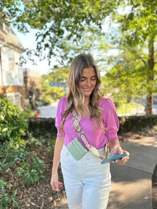 Clip and Go Crossbody Chain with Zippered Pouch in Grey and Purple