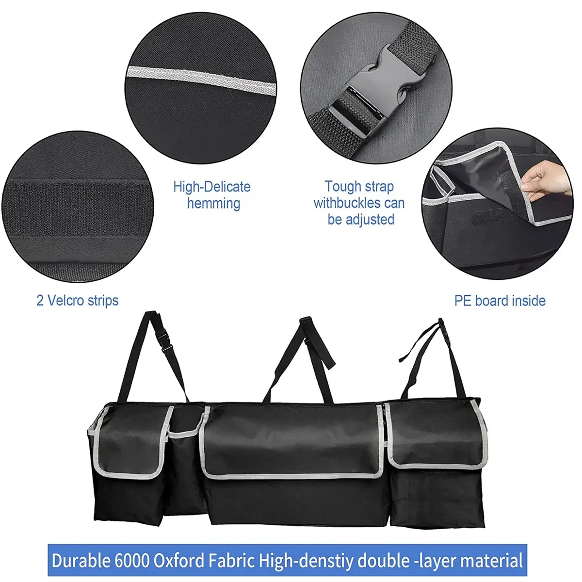 Custom Logo Car Trunk Hanging Organizer, Thick Backseat Trunk Storage Bag with 4 Pockets and 3 Adjustable Shoulder Straps, Foldable Car Trunk Interior Accessories Releases Your Trunk Space