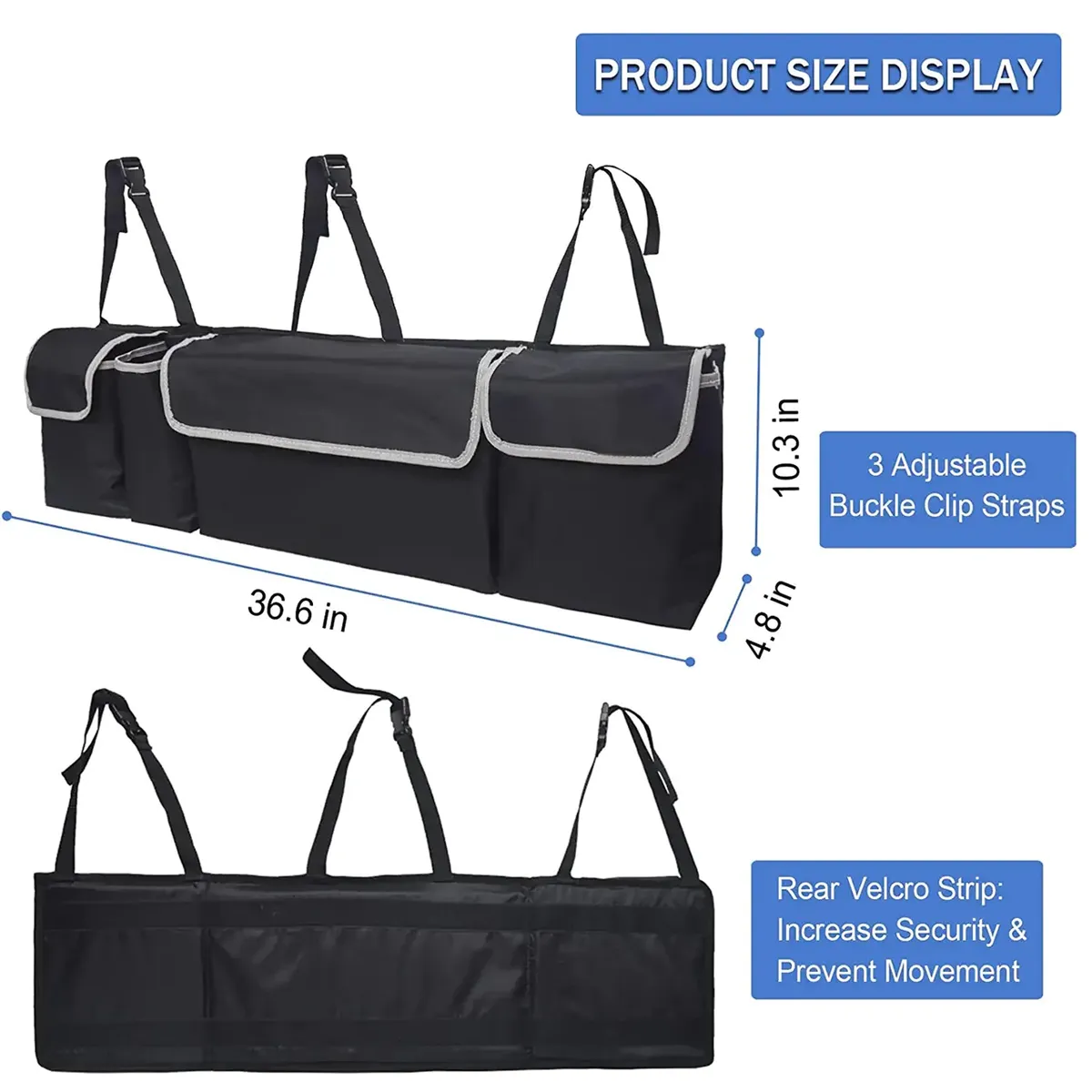Custom Logo Car Trunk Hanging Organizer, Thick Backseat Trunk Storage Bag with 4 Pockets and 3 Adjustable Shoulder Straps, Foldable Car Trunk Interior Accessories Releases Your Trunk Space