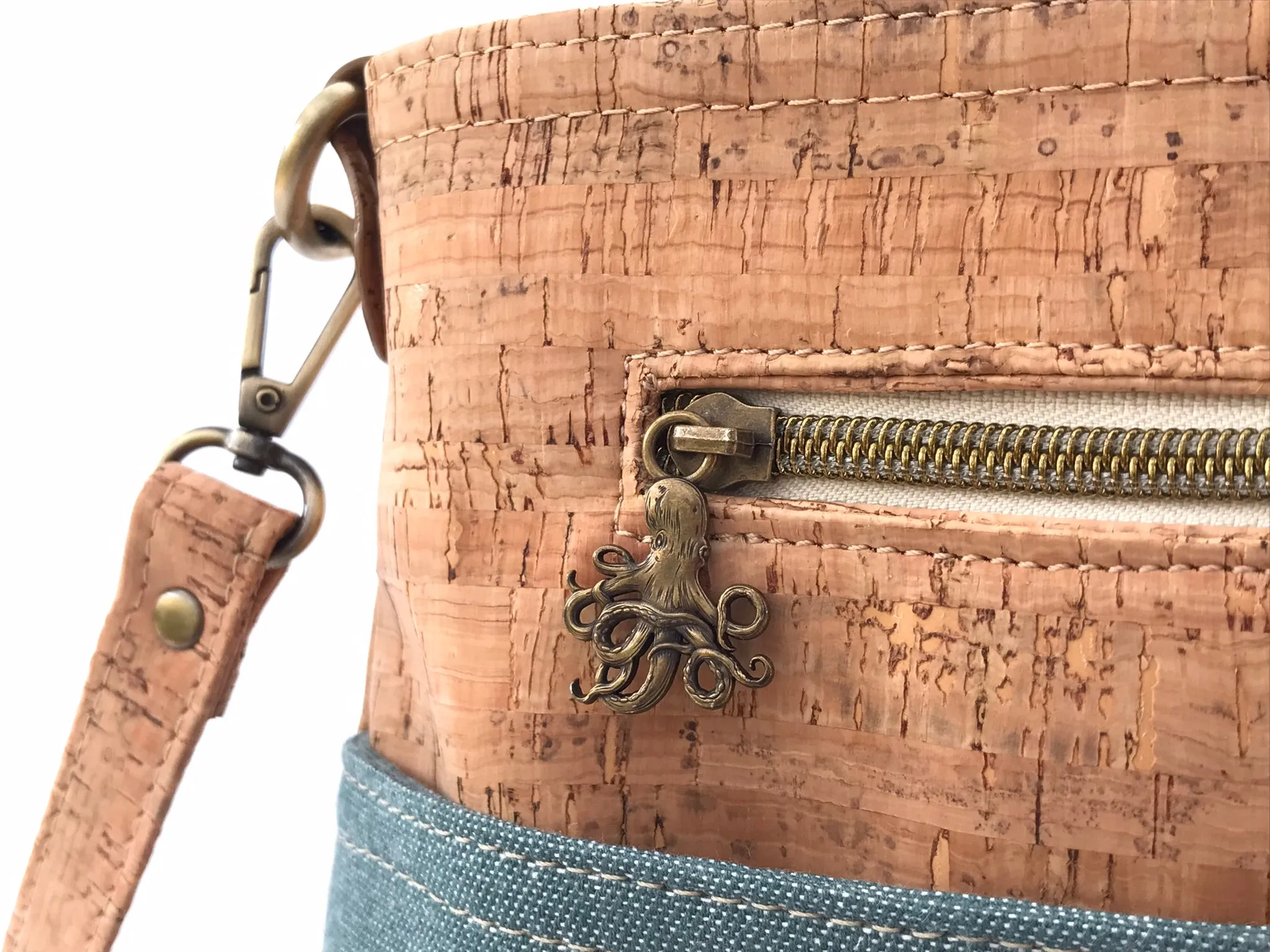 Deep Water Teal and Cork Crossbody with Octopus Zipper