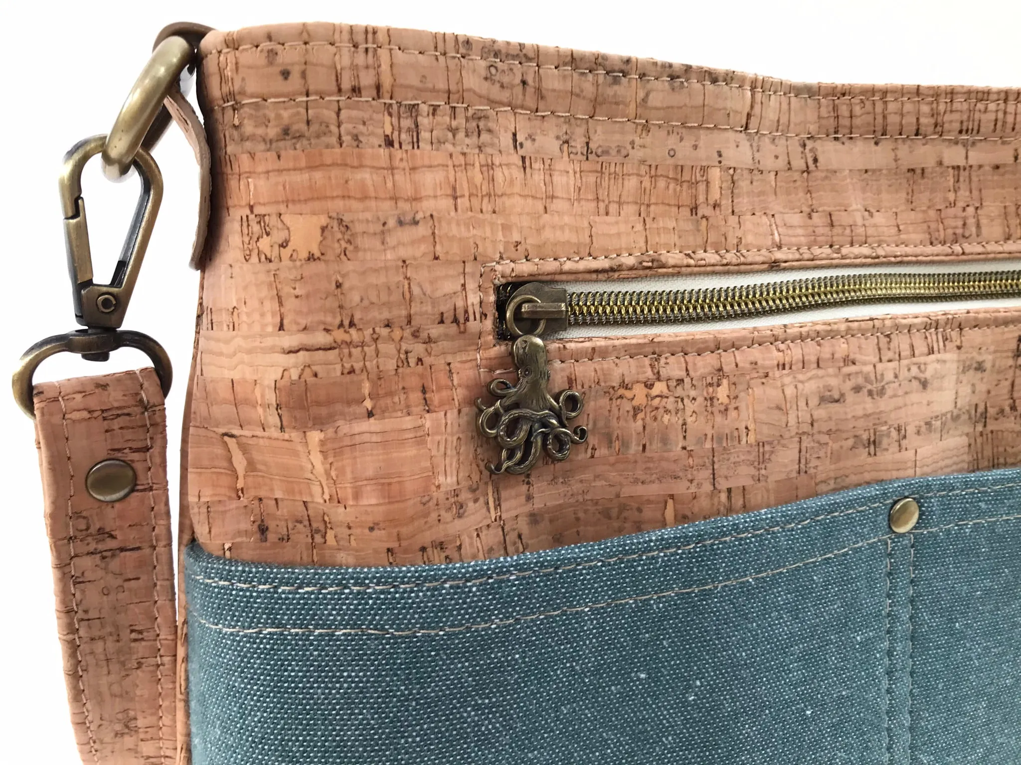 Deep Water Teal and Cork Crossbody with Octopus Zipper