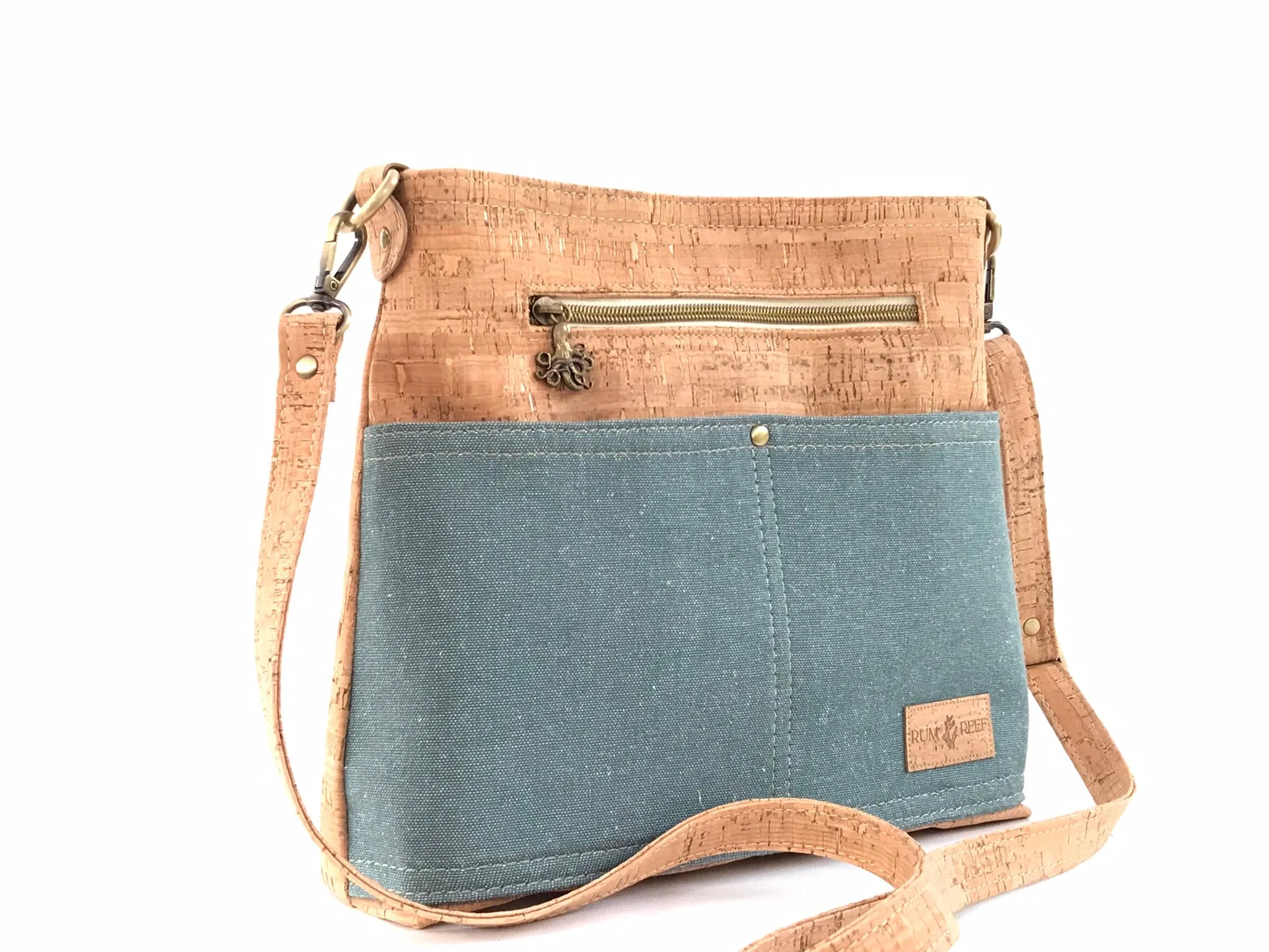 Deep Water Teal and Cork Crossbody with Octopus Zipper